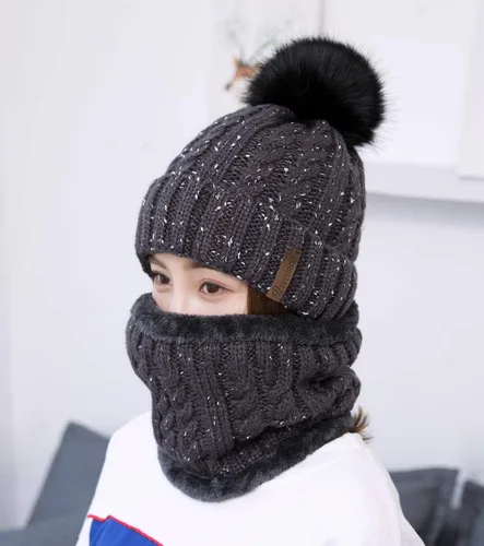 Miniatura 2 de IYEBRAO - Conjunto de gorro y bufanda de punto de invierno para mujer, lindo gorro de esquí con forro polar grueso, gorro de esquí cálido con pompón