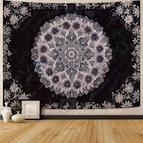 Miniatura 13 de Fowocu Tapiz bohemio con mandala floral para colgar en la pared, medallón de flores bohemias, tapiz estético, beige, naranja, hippie, indio, pequeño