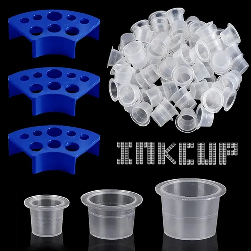 Miniatura 8 de Tapas de tinta de tatuaje con portavasos, 300 vasos de tinta de tatuaje de tamaño mixto, 100 pequeños, 100, medianos, 100 grandes, con 3 soportes