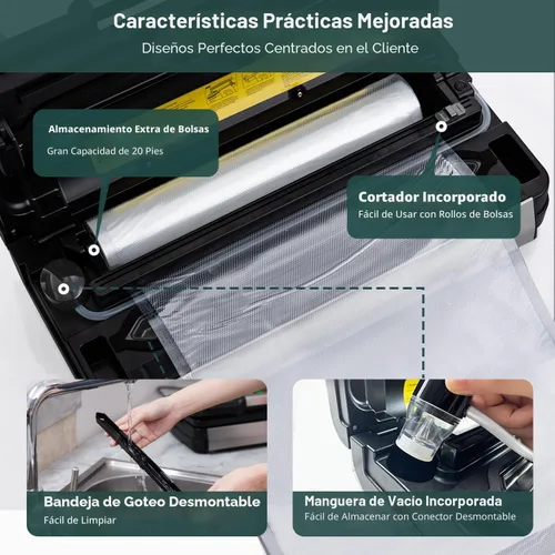 Miniatura 6 de Máquina selladora al vacío de 95 kPa con tecnología AquaLock, para sellos húmedos, sellado 2X y 130 W, sellador de alimentos completamente