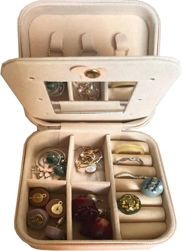 Miniatura 4 de Joyero de viaje organizador portátil para joyas, organizador de almacenamiento de piel sintética con espejo, soporte de joyería para mujeres