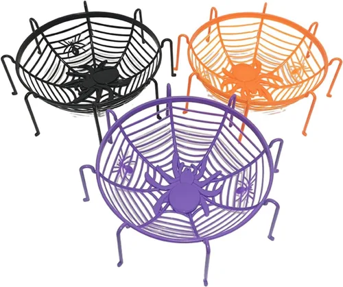 Miniatura 5 de Cuencos de cesta de tela de araña de Halloween, soporte de plástico para dulces para truco o trato, decoraciones de agarre a mano para suministros F