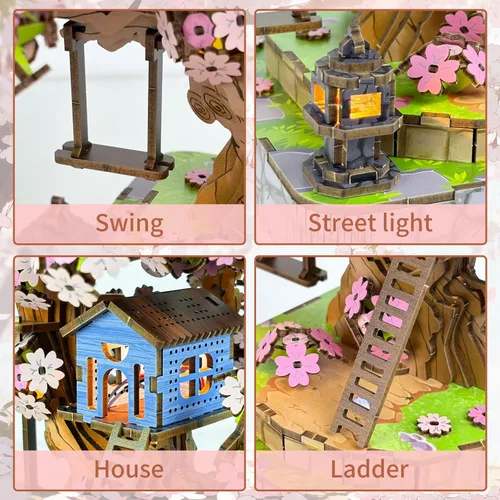 Miniatura 3 de Sakura Tree House Kit de casa en miniatura para adultos, rompecabezas de madera 3D con luz, juego de construcción de flor de cerezo japonés
