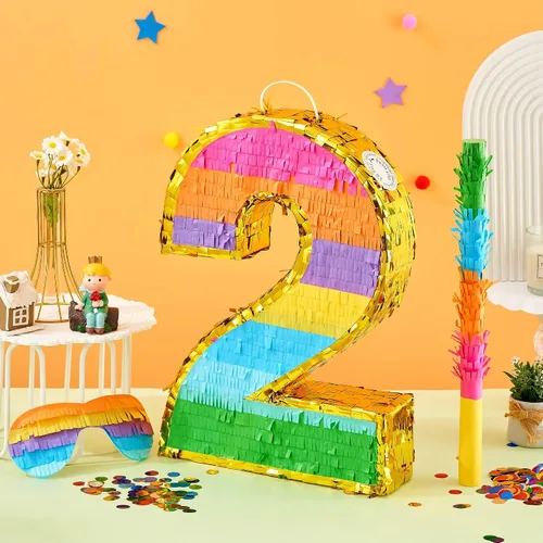 Miniatura 4 de Piñata Arcoíris Número 2 para Decoraciones de Fiesta de 2do Cumpleaños, Piñata de Cumpleaños con Palo, Venda para los Ojos y Confeti, Celebración
