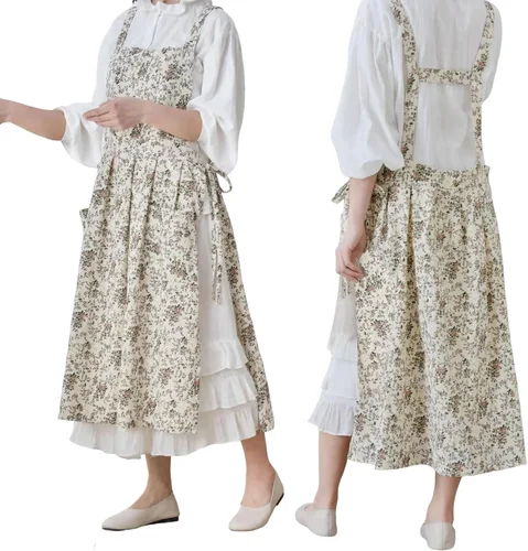 Miniatura 8 de Pinafore - Delantal, de lino y algodón japonés, con espalda cruzada para mujer, con bolsillos, vestido con lazos en la cintura (negro)
