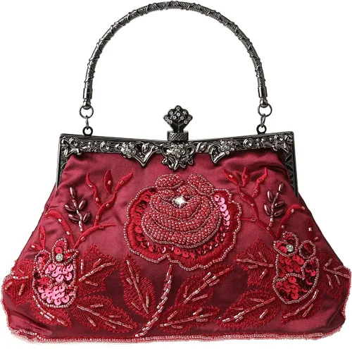 Miniatura 18 de Bolso de mano de estilo vintage con cuentas florales y strass para mujer, con bordado de lentejuelas, bandolera para novia, boda, fiesta