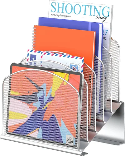 Miniatura 23 de Delifox Organizador de escritorio inclinado, soporte de archivos de 5 secciones con bandeja vertical para carpetas, estante de metal clasificador