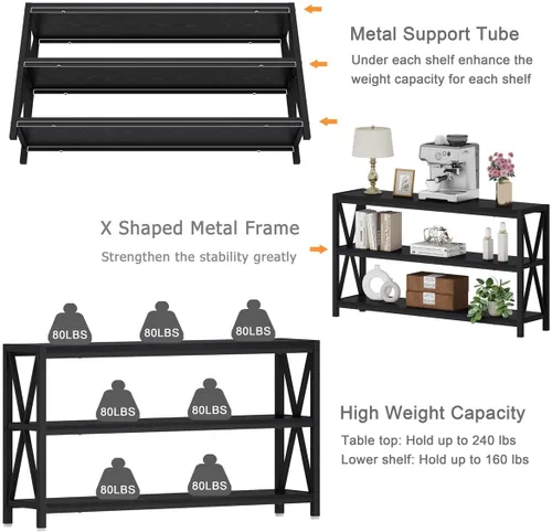 Miniatura 4 de FATORRI Mesa consola para entrada, mesa de sofá larga con estantes debajo de la ventana, mesas de pasillo de madera y metal para vestíbulo
