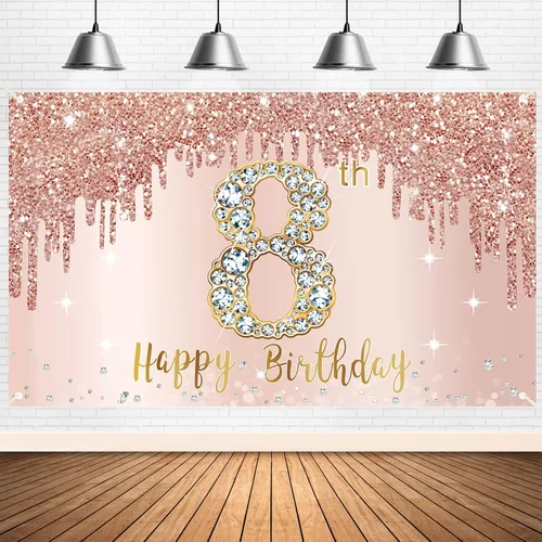 Decoraciones de Fondo de Pancarta de Feliz 8vo Cumpleaños para Niñas, Suministros de Cartel de Fiesta de Cumpleaños 8 de Oro Rosa, Póster de Fondo