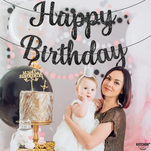 Miniatura 6 de KatchOn Cartel de feliz cumpleaños cursivo negro con purpurina, pre-encordado, 10 pies, cartel de feliz cumpleaños para mujeres, hombres, niños