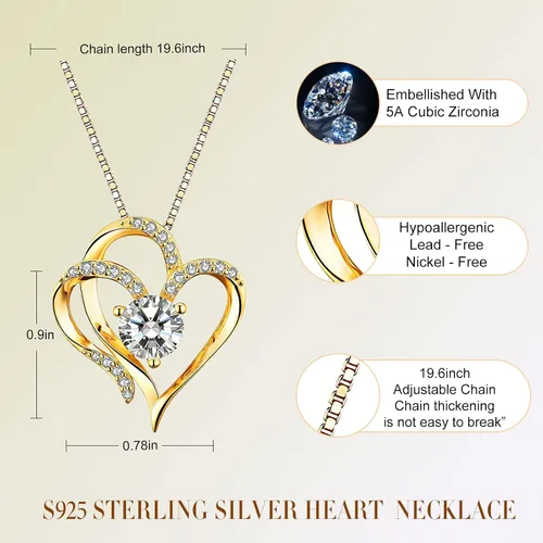 Miniatura 4 de Collar de corazón de amor para mujer, plata de ley 925, chapado en oro, juego de 5A CZ para niñas, collar de aniversario, cumpleaños, joyería