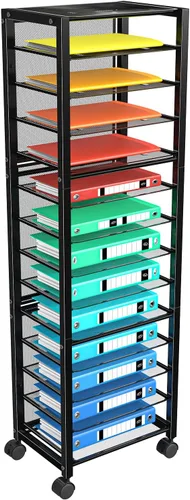 Miniatura 10 de Simple Trending - Carrito de archivo de 12 niveles con ruedas, organizador de escritorio con bandejas deslizantes y malla metálica