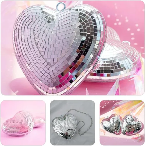 Miniatura 4 de VILLCASE Bolas de discoteca en forma de corazón, decoraciones de bola de discoteca plateada con cadena adjunta, colgante de luz reflectante para DJ