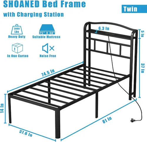 Miniatura 2 de SHOANED Base de cama de metal de 14 pulgadas, base de colchón básica de plataforma resistente de color negro con cabecera y estación de carga,