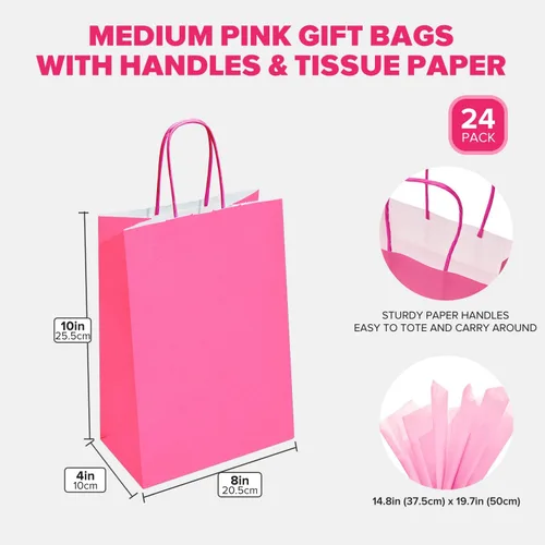 Miniatura 3 de DjinnGlory Paquete de 24 bolsas de regalo de papel rosa intenso de tamaño mediano con asas de 10 x 8 x 4 pulgadas y 24 papel de seda rosa para Rosa