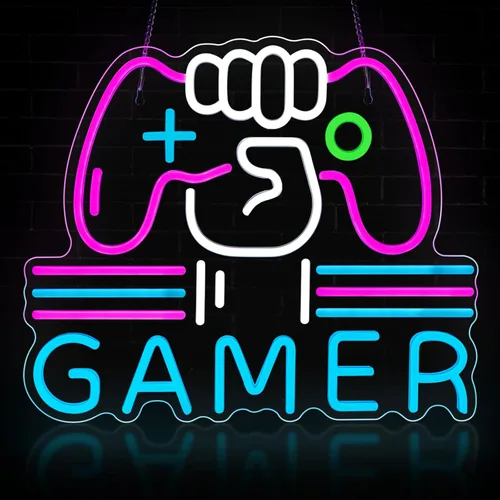 Letrero de neón para gamer, luz de neón grande, brillante y regulable de colores para sala de juegos, sala de videos, decoración de pared de