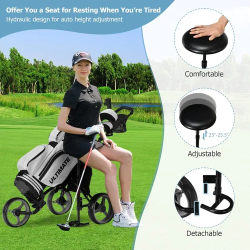 Miniatura 2 de Tangkula Carrito de Golf de Empuje y Tirón con Asiento, Carro Plegable y Colapsable Liviano de 3 Ruedas, Carro de Golf con Freno de Pie, Soporte Gris