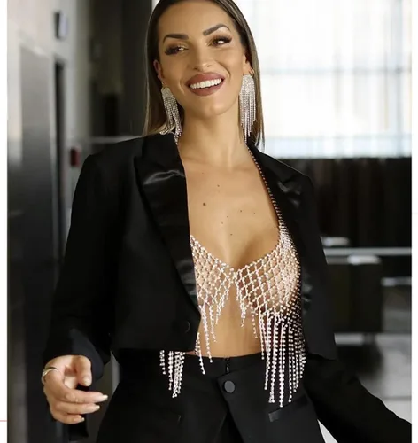 Miniatura 5 de Cadena de pecho de malla con diamantes de imitación para mujer, sexy, borla de cristal, cadenas corporales, sujetador plateado, accesorios