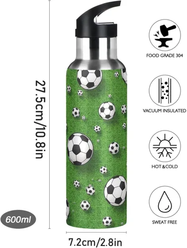 Miniatura 9 de Soccer Balls Green Insulated Stainless Steel Water Bottle with Straw 20 Oz Leakproof Water Bottles, BPA-Free Sport Water Bottle