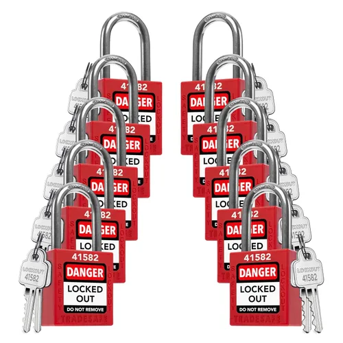 Miniatura 19 de TRADESAFE Juego de cerraduras de bloqueo - 7 candados iguales con llave roja, 2 llaves por cerradura, cerraduras Loto compatibles con OSHA