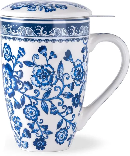 Miniatura 17 de AmorArc Taza de té de porcelana de 18 onzas con infusor y tapa, taza de té de hojas sueltas con colador de acero inoxidable, taza de café grande