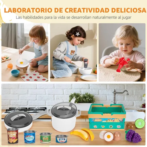 Miniatura 7 de Juego de cocina de 80 piezas, cocina para niños pequeños con ollas, sartenes, utensilios de cocina, alimentos, manta de picnic, frutas, verduras