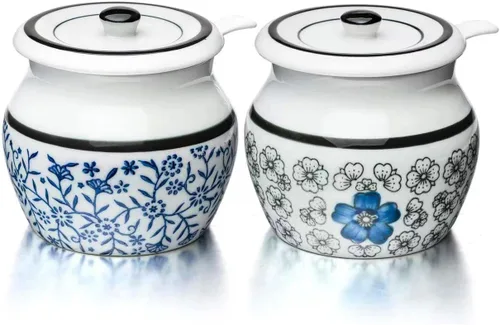 Bodega de sal de cerámica con tapa y cuchara, cuencos de sal y pimienta, juego de 2 tarros de condimentos de porcelana, contenedor de especias, caja