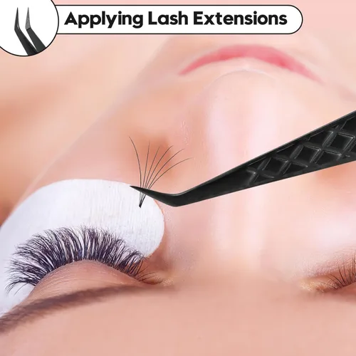 Miniatura 7 de Ms.Queen Pinzas para extensiones de pestañas, pinzas de fibra para volumen y extensiones de pestañas individuales, color negro