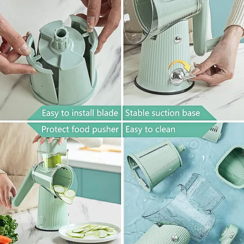 Miniatura 3 de Rallador de queso giratorio con mango: rallador de queso 5 en 1, triturador de queso de manivela con base de succión fuerte, cortador de verduras