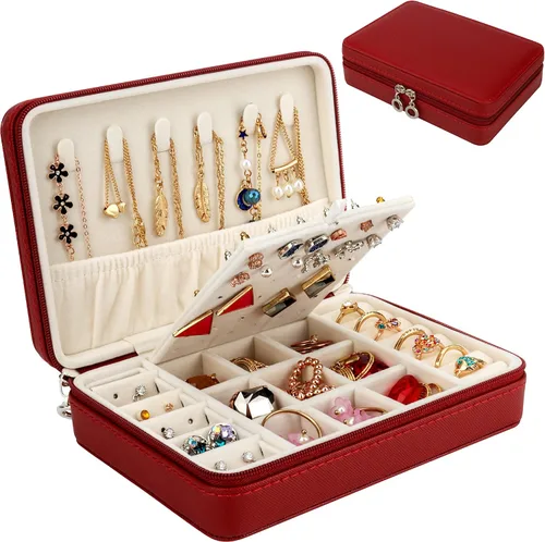 DesignSter Joyero pequeño Estuche de joyería de viaje de piel sintética, organizador de joyas para collar, aretes, anillos, regalos para niñas y