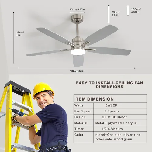 Miniatura 7 de Ventiladores de techo con luces y control remoto, ventilador de techo de montaje empotrado de 52 pulgadas con motor de CC reversible silencioso