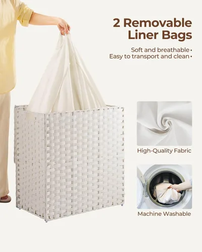 Miniatura 3 de Cesta de ropa Greenstell con tapa, sin necesidad de instalación, 110 L, cestos de lavandería de mimbre plegables con 2 bolsas extraíbles, cesto