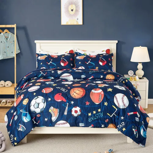Juego de edredón deportivo de 7 piezas para niños, suave y esponjoso, juego de ropa de cama de béisbol, tamaño individual con diseño de fútbol 3D en