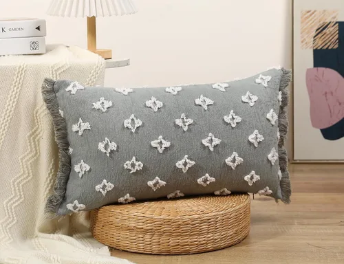 Miniatura 2 de Funda de almohada lumbar larga bohemia de 14x20 pulgadas con borla, de algodón, con patrón de flores 3D, funda de almohada lumbar larga para sofá