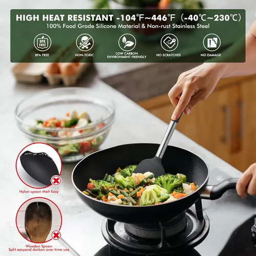 Miniatura 2 de HOTEC Utensilios de cocina de silicona resistentes al calor de 446 °F, juego de utensilios de cocina, juego de espátula, sin BPA, utensilios de Gris