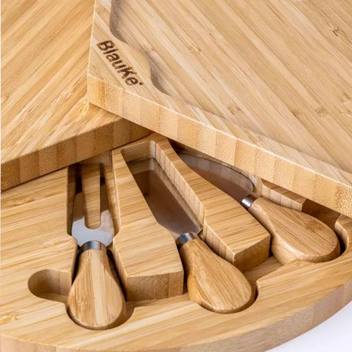 Miniatura 8 de Juego de tabla de queso de bambú y cuchillos, tabla redonda de charcutería de 14 pulgadas, bandeja para servir, plato, juego de tablas de queso
