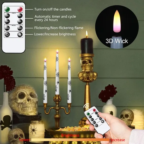 Miniatura 2 de Wondise Velas cónicas sin llama de Halloween con control remoto y temporizador, paquete de 4 velas LED parpadeantes de cera real con pilas de araña