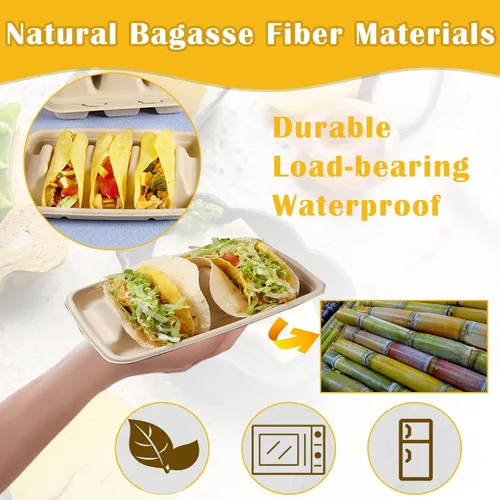 Miniatura 4 de Nexboraque Paquete de 50 soportes desechables para tacos, 3 compartimentos, platos biodegradables para tacos, juego de barra para servir una fiesta