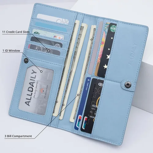 Miniatura 4 de Alldaily Billetera de cuero ultrafina para mujer, con bloqueo RFID, tarjetero de crédito, plegable, larga, Azul claro