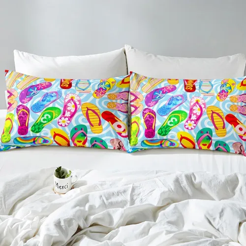 Miniatura 6 de Coloridas chanclas bajeras tamaño individual, juego de ropa de cama de vacaciones de playa oceánica de 2 piezas para decoración de habitación