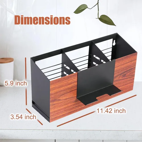Miniatura 7 de Organizador de Utensilios Grande de Hierro con 3 Compartimentos para Encimera o Pared, Almacenamiento de Utensilios de Cocina (Negro)