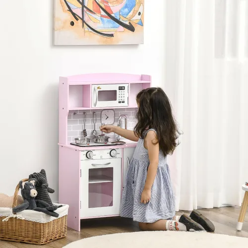 Miniatura 2 de Qaba Juego de juguetes de cocina para niños con diseño realista, luces de estufa, almacenamiento, dispensador de agua, para niños de 3 a 6 años