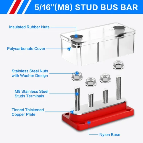 Miniatura 3 de Barra de bus de 150 A, bloque de distribución de energía resistente de 12 V, 4 x 5/16 pulgadas (M8), bloque de terminales de barra de autobús marino