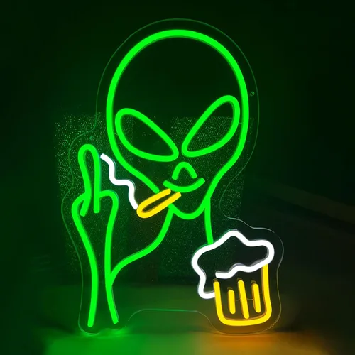 Miniatura 8 de Letrero de neón de alienígena verde, luz de neón de alienígena para barra de cerveza para decoración de pared, luces LED regulables para dormitorio
