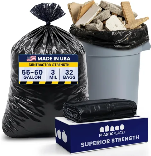 Plasticplace Bolsas de basura para contratistas de 55-60 galones │ 3.0 mil │ Bolsa de basura negra resistente │ 38 pulgadas x 58 pulgadas (32