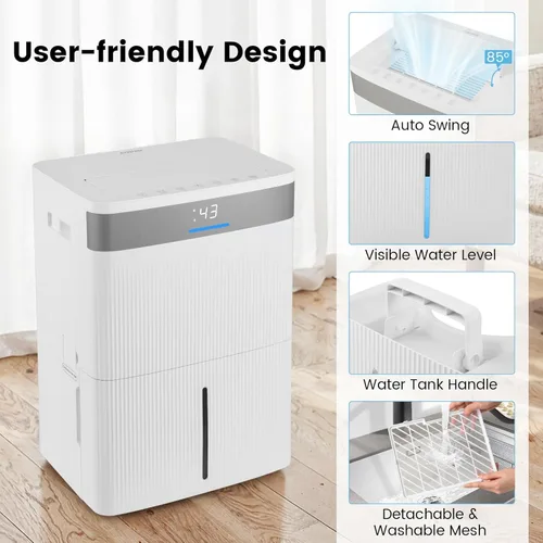 Miniatura 2 de COSTWAY Dehumidifier for Basement, Home Dehumidifier with Convenient Handle, 1.4 Gallon Tank, Auto Defrost, 24H Timer, 3-Color Indicator, Drain Hose