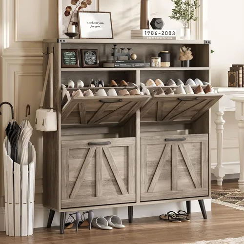 Miniatura 15 de Halitaa - Gabinete para zapatos con 2 cajones abatibles y almacenamiento abierto, gabinete de almacenamiento de zapatos estilo granja para entrada