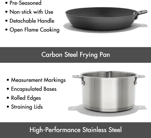 Miniatura 4 de OXO Juego de 8 utensilios de cocina para acampar al aire libre, sartén de acero al carbono pre-sazonado de 10 pulgadas, cacerolas de acero