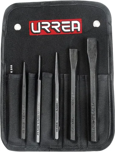 Urrea Juego de herramientas llamativas, cincel, pasador de deriva y kit de punzón de 5 piezas con revestimiento de óxido negro y bolsa de