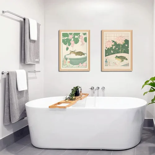 Miniatura 5 de Juego de 2 lienzos japoneses enmarcados para pared de baño con gatos y ranas, marco de madera, impresiones abstractas de naturaleza para decoración